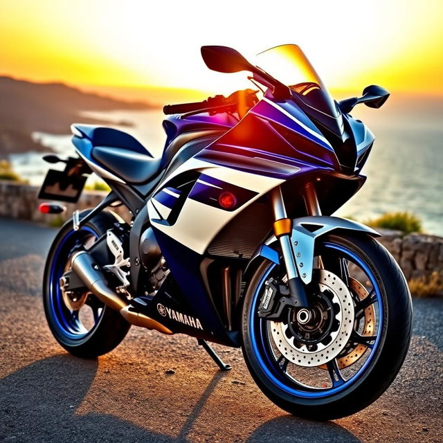 A strikingly detailed Yamaha R1 motorcycle, showcasing its sleek design and aerodynamic lines