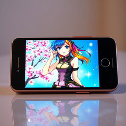 An elegant smartphone featuring a vibrant screen displaying an anime girl with colorful hair, styled in an intricate way