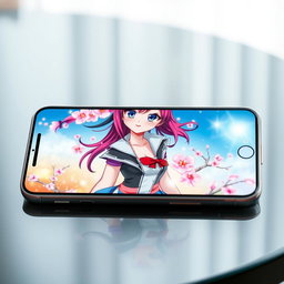 An elegant smartphone featuring a vibrant screen displaying an anime girl with colorful hair, styled in an intricate way