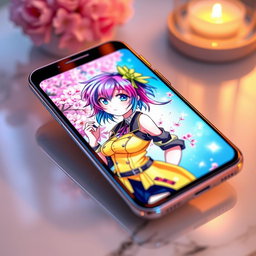 An elegant smartphone featuring a vibrant screen displaying an anime girl with colorful hair, styled in an intricate way