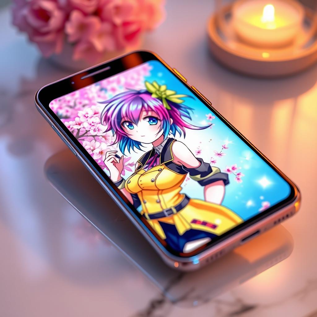 An elegant smartphone featuring a vibrant screen displaying an anime girl with colorful hair, styled in an intricate way