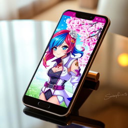 An elegant smartphone featuring a vibrant screen displaying an anime girl with colorful hair, styled in an intricate way