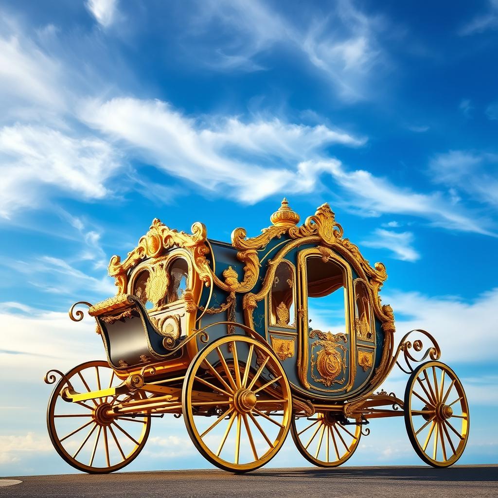A luxurious carriage adorned with intricate golden details, set against a backdrop of a beautiful sky blending vibrant shades of blue