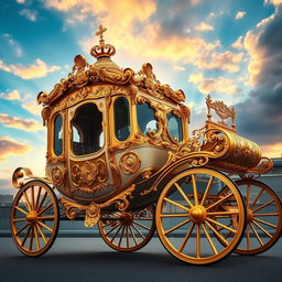 A luxurious carriage adorned with intricate golden details, set against a backdrop of a beautiful sky blending vibrant shades of blue