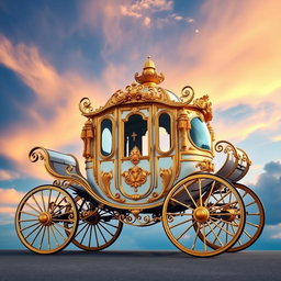 A luxurious carriage adorned with intricate golden details, set against a backdrop of a beautiful sky blending vibrant shades of blue