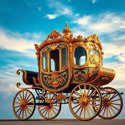 A luxurious carriage adorned with intricate golden details, set against a backdrop of a beautiful sky blending vibrant shades of blue
