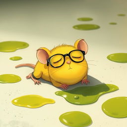 A yellow mouse wearing glasses, lying on the ground with its eyes closed, surrounded by patches of green oil on the floor