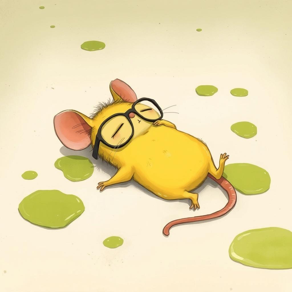 A yellow mouse wearing glasses, lying on the ground with its eyes closed, surrounded by patches of green oil on the floor
