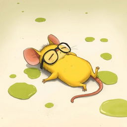 A yellow mouse wearing glasses, lying on the ground with its eyes closed, surrounded by patches of green oil on the floor