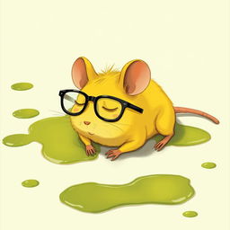 A yellow mouse wearing glasses, lying on the ground with its eyes closed, surrounded by patches of green oil on the floor