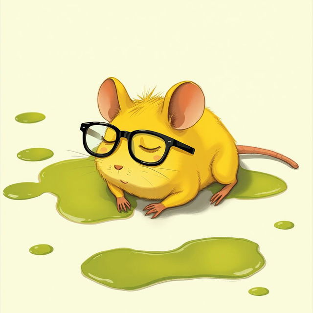 A yellow mouse wearing glasses, lying on the ground with its eyes closed, surrounded by patches of green oil on the floor