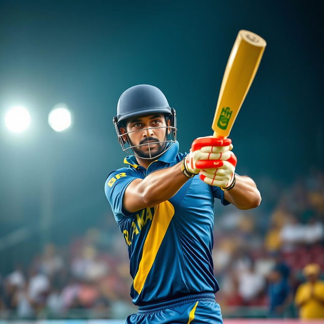 A dynamic portrait of a Sri Lankan cricket player in action, captured mid-swing during a cricket match