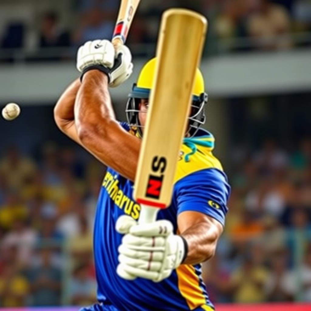 A dynamic portrait of a Sri Lankan cricket player in action, captured mid-swing during a cricket match