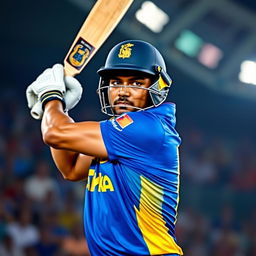 A dynamic portrait of a Sri Lankan cricket player in action, captured mid-swing during a cricket match