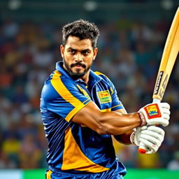 A dynamic portrait of a Sri Lankan cricket player in action, captured mid-swing during a cricket match