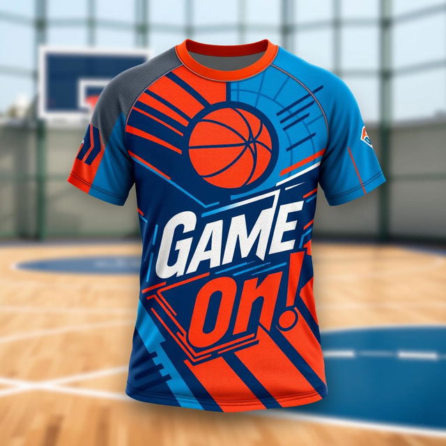 A vibrant, sporty basketball t-shirt design featuring bold graphics and an eye-catching color scheme