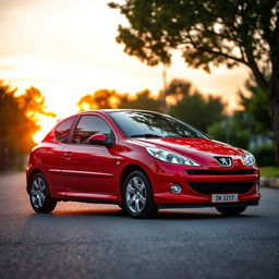 A sleek Peugeot 206 in vibrant red, parked on a picturesque street showing off its sporty design