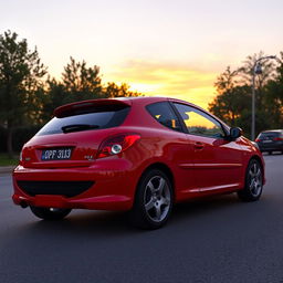A sleek Peugeot 206 in vibrant red, parked on a picturesque street showing off its sporty design