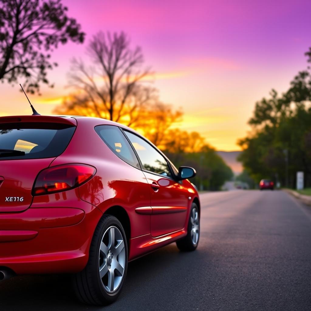 A sleek Peugeot 206 in vibrant red, parked on a picturesque street showing off its sporty design
