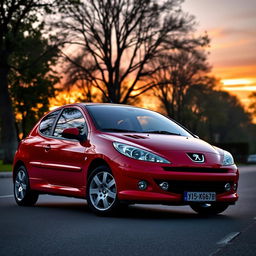 A sleek Peugeot 206 in vibrant red, parked on a picturesque street showing off its sporty design