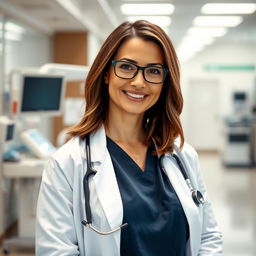 A confident female doctor standing in a modern hospital with a stethoscope around her neck, wearing a white coat and scrubs