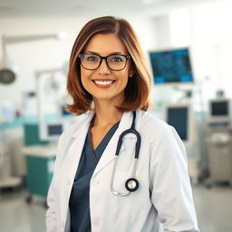 A confident female doctor standing in a modern hospital with a stethoscope around her neck, wearing a white coat and scrubs