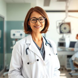 A confident female doctor standing in a modern hospital with a stethoscope around her neck, wearing a white coat and scrubs