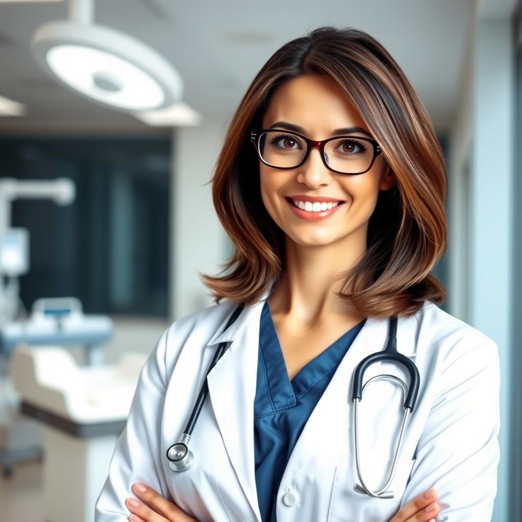 A confident female doctor standing in a modern hospital with a stethoscope around her neck, wearing a white coat and scrubs