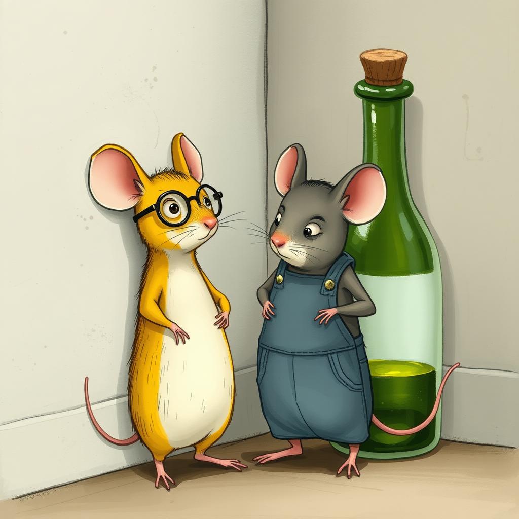 A yellow mouse wearing glasses and a gray mouse dressed in overalls stand together in a corner by a wall, next to a glass bottle filled with green oil
