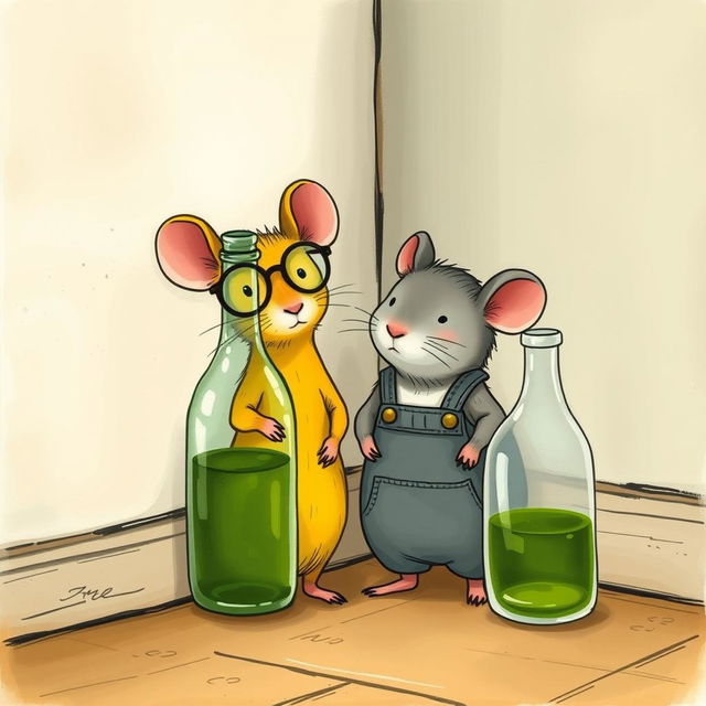 A yellow mouse wearing glasses and a gray mouse dressed in overalls stand together in a corner by a wall, next to a glass bottle filled with green oil