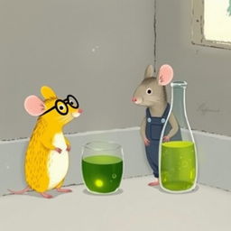 A yellow mouse wearing glasses and a gray mouse dressed in overalls stand together in a corner by a wall, next to a glass bottle filled with green oil