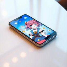 An elegant smartphone featuring a vibrant screen displaying an anime girl with colorful hair, styled in a playful manner