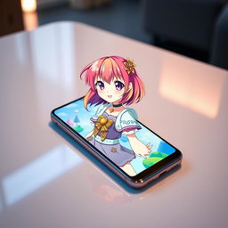 An elegant smartphone featuring a vibrant screen displaying an anime girl with colorful hair, styled in a playful manner