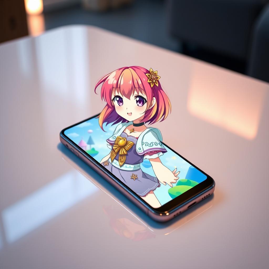 An elegant smartphone featuring a vibrant screen displaying an anime girl with colorful hair, styled in a playful manner