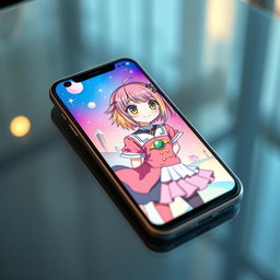 An elegant smartphone featuring a vibrant screen displaying an anime girl with colorful hair, styled in a playful manner