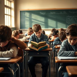 A classroom scene depicting teenage boredom, with several boys slumped over their desks in fatigue and disinterest, their heads resting on the tables