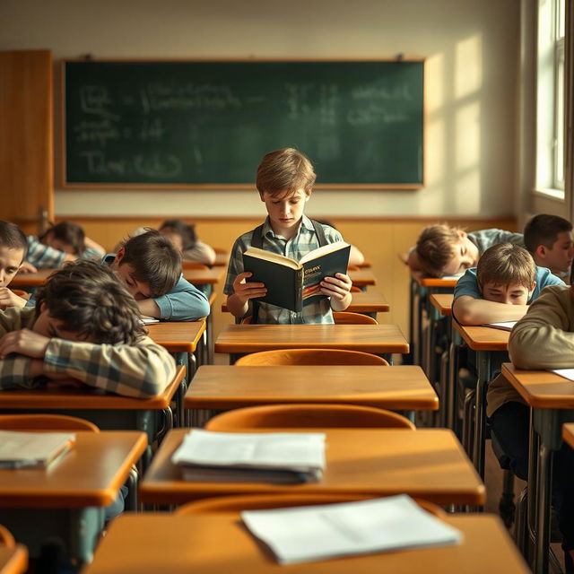 A classroom scene depicting teenage boredom, with several boys slumped over their desks in fatigue and disinterest, their heads resting on the tables