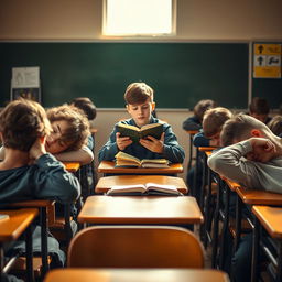 A classroom scene depicting teenage boredom, with several boys slumped over their desks in fatigue and disinterest, their heads resting on the tables