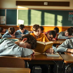 A classroom scene depicting teenage boredom, with several boys slumped over their desks in fatigue and disinterest, their heads resting on the tables
