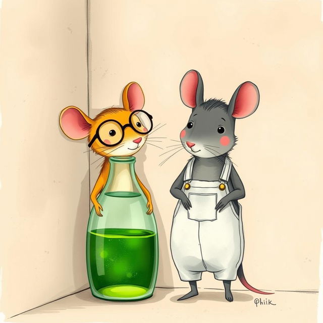 A yellow mouse wearing glasses and a gray mouse dressed in overalls stand together in a corner next to a wall, beside a glass bottle filled with green oil