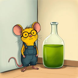 A yellow mouse wearing glasses and a gray mouse dressed in overalls stand together in a corner next to a wall, beside a glass bottle filled with green oil