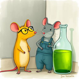 A yellow mouse wearing glasses and a gray mouse dressed in overalls stand together in a corner next to a wall, beside a glass bottle filled with green oil