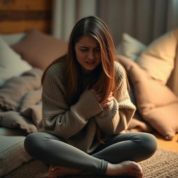 A young woman, with a pained expression on her face, sitting on the floor with her knees drawn up to her chest in a cozy room