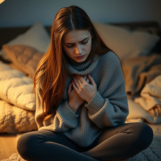 A young woman, with a pained expression on her face, sitting on the floor with her knees drawn up to her chest in a cozy room