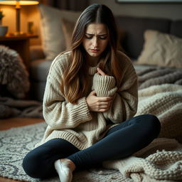 A young woman, with a pained expression on her face, sitting on the floor with her knees drawn up to her chest in a cozy room
