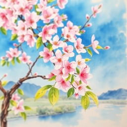 A beautiful watercolor painting of a cherry blossom tree in full bloom, showcasing the delicate pink and white flowers against a bright blue sky