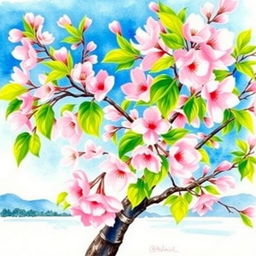 A beautiful watercolor painting of a cherry blossom tree in full bloom, showcasing the delicate pink and white flowers against a bright blue sky