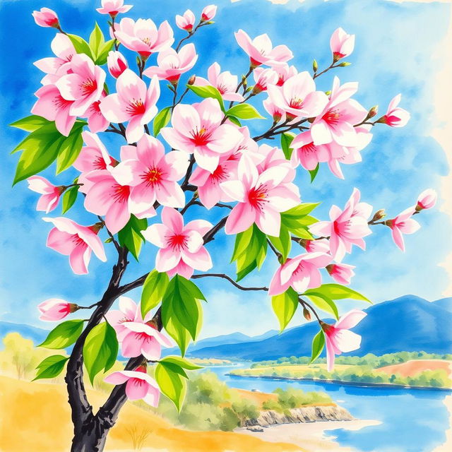 A beautiful watercolor painting of a cherry blossom tree in full bloom, showcasing the delicate pink and white flowers against a bright blue sky