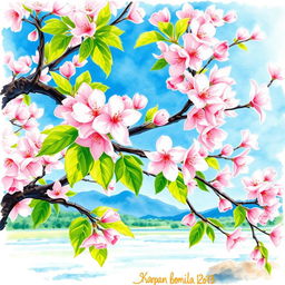 A beautiful watercolor painting of a cherry blossom tree in full bloom, showcasing the delicate pink and white flowers against a bright blue sky