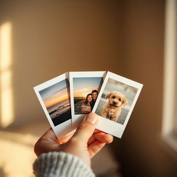 A close-up photograph of a hand holding several Polaroid photos